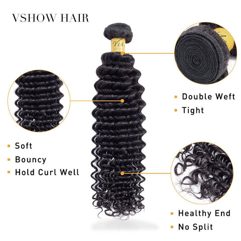 VSHOW HAIR Premium 9A Peruvian Human Virgin Hair Deep Wave Natural Black 4 Bundles Deal