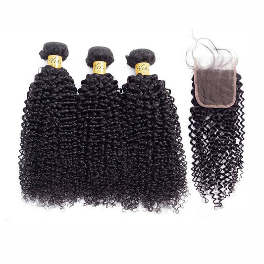 VSHOW HAIR Premium 9A Peruvian Human Virgin Hair Kinky Curly 3 Bundles with Pre Plucked Closure Deal Natural Black