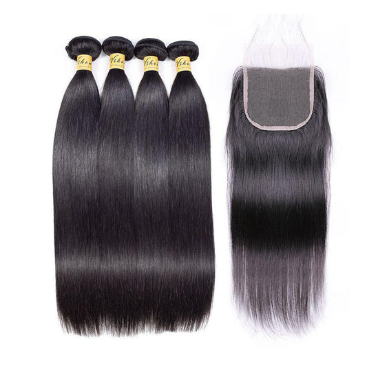 VSHOW HAIR Premium 9A Mongolian Human Virgin Hair Straight 4 Bundles with Pre Plucked Closure Deal Natural Black