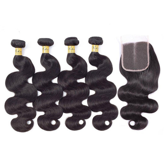 VSHOW HAIR Premium 9A Malaysian Human Virgin Hair Body Wave 4 Bundles with Pre Plucked Closure Deal Natural Black