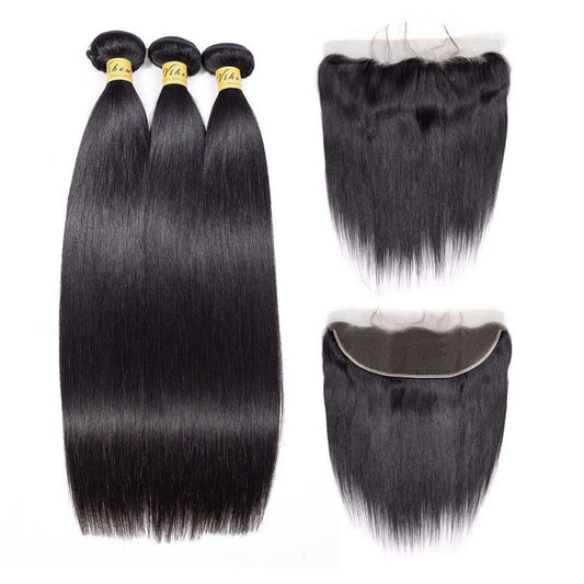 VSHOW HAIR Premium 9A Brazilian Human Virgin Hair Straight 3 Bundles with Pre Plucked 13x4 Frontal Natural Black