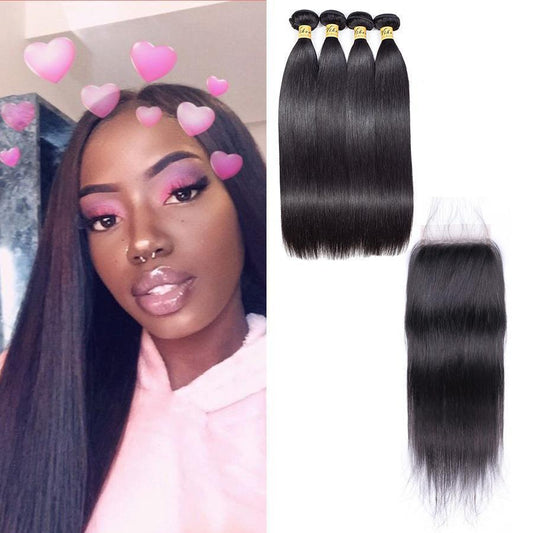 VSHOW HAIR Premium 9A Indian Virgin Human Hair Straight 3 or 4 Bundles with Closure Popular Sizes