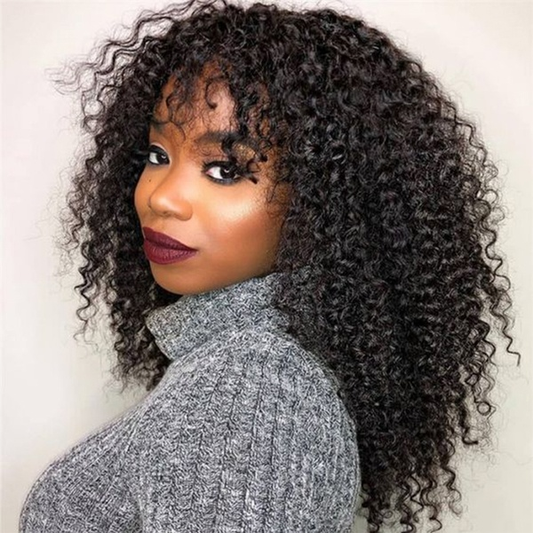 VSHOW Mongolian Kinky Curly Natural Look Human Hair None Lace Wigs with Bangs