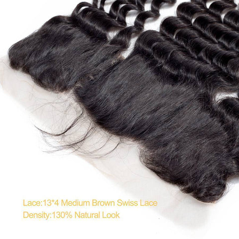 VSHOW HAIR Premium 9A Mongolian Human Virgin Hair Loose Deep Wave 3 Bundles with Pre Plucked 13x4 Frontal Natural Black