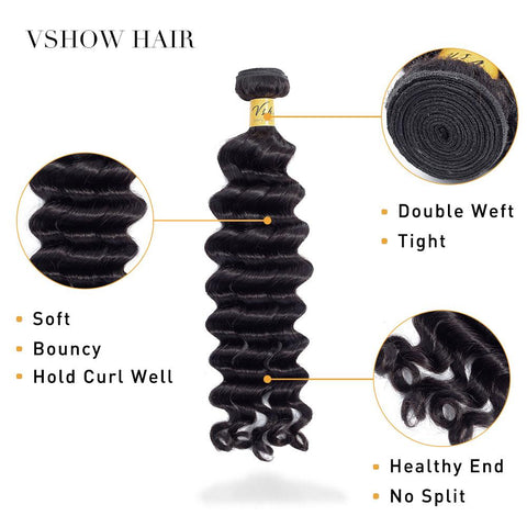 VSHOW HAIR Premium 9A Malaysian Human Virgin Hair Loose Deep Wave Natural Black 3 Bundles Deal