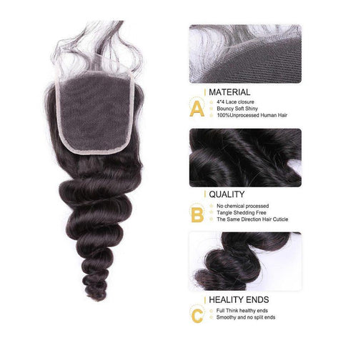 VSHOW HAIR Premium 9A Brazilian Human Virgin Hair Loose Wave 4 Bundles with Pre Plucked Closure Deal Natural Black