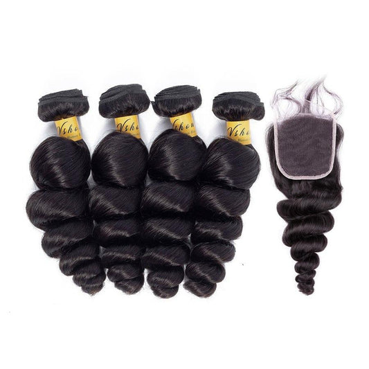 VSHOW HAIR Premium 9A Malaysian Human Virgin Hair Loose Wave 4 Bundles with Pre Plucked Closure Deal Natural Black