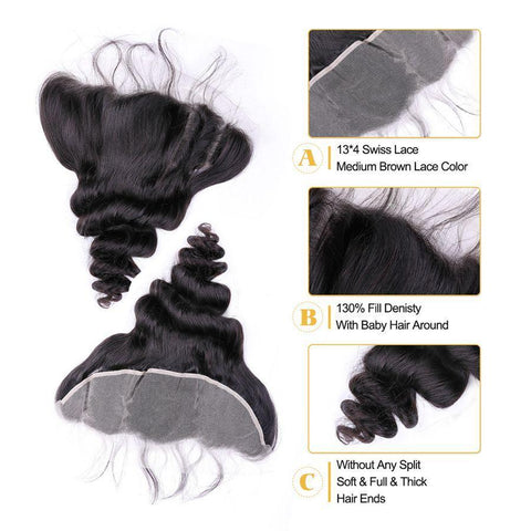 VSHOW HAIR Premium 9A Brazilian Human Virgin Hair Loose Wave 3 Bundles with Pre Plucked 13x4 Frontal Natural Black