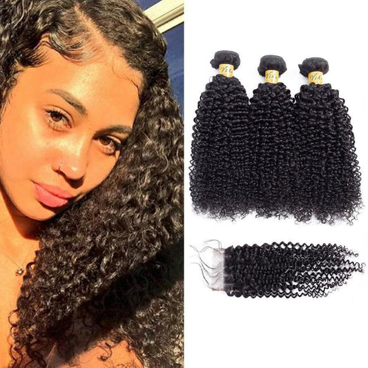 VSHOW HAIR Premium 9A Malaysian Virgin Human Hair Kinky Curly 3 or 4 Bundles with Closure Popular Sizes