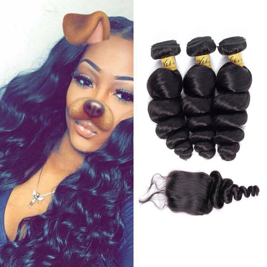 VSHOW HAIR Premium 9A Malaysian Human Virgin Hair Loose Wave 3 Bundles with Pre Plucked Closure Deal Natural Black