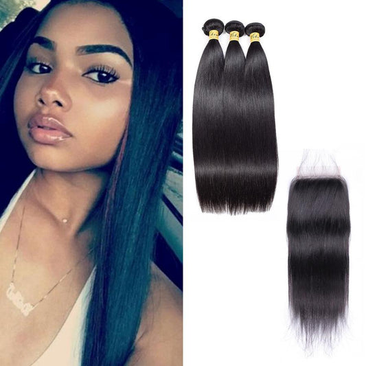 VSHOW HAIR Premium 9A Malaysian Human Virgin Hair Straight 3 Bundles with Pre Plucked Closure Deal Natural Black