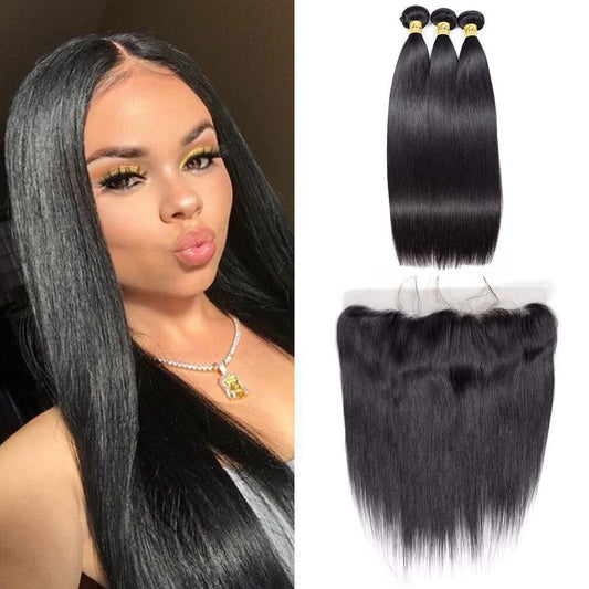 VSHOW HAIR Premium 9A Malaysian Human Virgin Hair Straight 3 Bundles with Pre Plucked 13x4 Frontal Natural Black