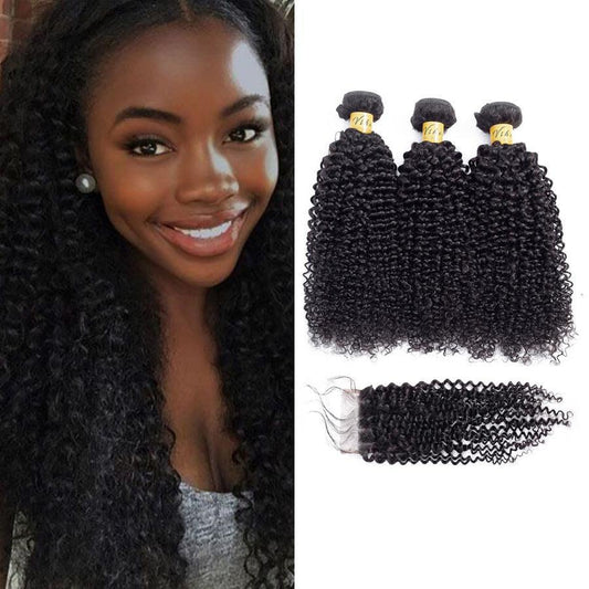VSHOW HAIR Premium 9A Mongolian Human Virgin Hair Kinky Curly 3 Bundles with Pre Plucked Closure Deal Natural Black