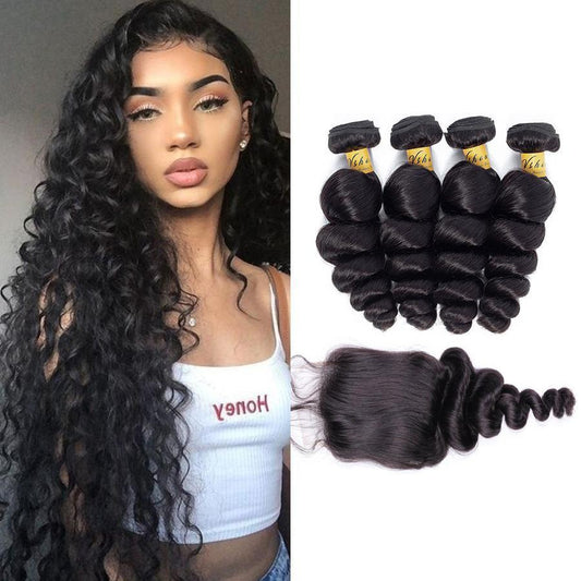 VSHOW HAIR Premium 9A Mongolian Human Virgin Hair Loose Wave 4 Bundles with Pre Plucked Closure Deal Natural Black