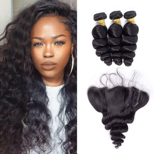 VSHOW HAIR Premium 9A Mongolian Human Virgin Hair Loose Wave 3 Bundles with Pre Plucked 13x4 Frontal Natural Black