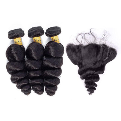 VSHOW HAIR Premium 9A Mongolian Human Virgin Hair Loose Wave 3 Bundles with Pre Plucked 13x4 Frontal Natural Black