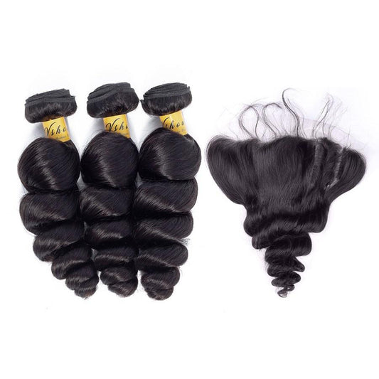 VSHOW HAIR Premium 9A Indian Human Virgin Hair Loose Wave 3 Bundles with Pre Plucked 13x4 Frontal Natural Black