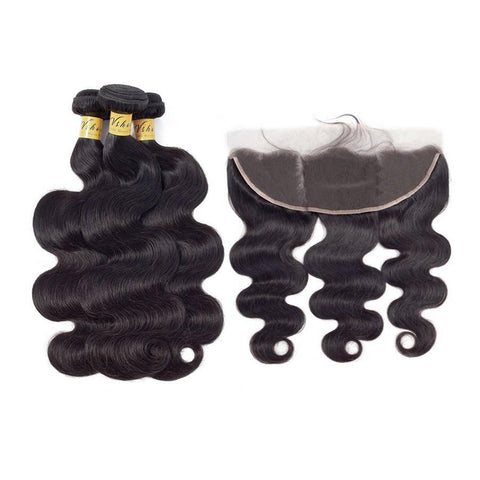 VSHOW HAIR Premium 9A Brazilian Human Virgin Hair Body Wave 3 Bundles with Pre Plucked 13x4 Frontal Natural Black