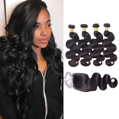 VSHOW HAIR Premium 9A Peruvian Human Virgin Hair Body Wave 4 Bundles with Pre Plucked Closure Deal Natural Black
