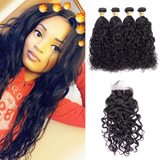 VSHOW HAIR Premium 9A Peruvian Human Virgin Hair Natural Wave 4 Bundles with Pre Plucked Closure Deal Natural Black