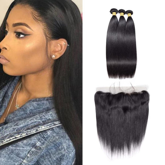 VSHOW HAIR Premium 9A Peruvian Human Virgin Hair Straight 3 Bundles with Pre Plucked 13x4 Frontal Natural Black