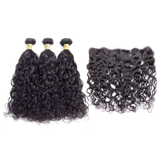 VSHOW HAIR Premium 9A Peruvian Human Virgin Hair Natural Wave 3 Bundles with Pre Plucked 13x4 Frontal Natural Black