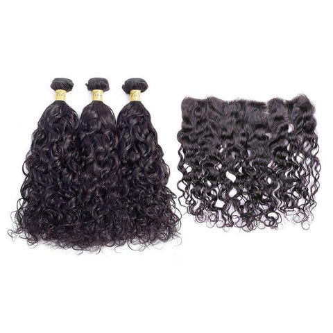 VSHOW HAIR Premium 9A Indian Human Virgin Hair Natural Wave 3 Bundles with Pre Plucked 13x4 Frontal Natural Black