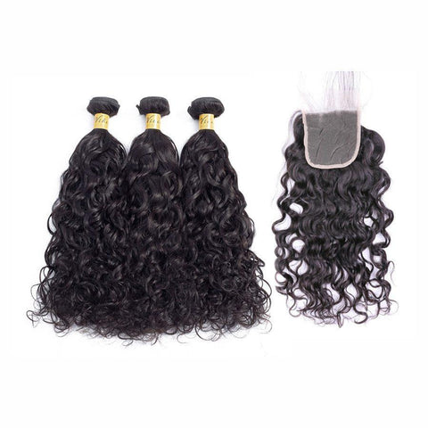 VSHOW HAIR Premium 9A Peruvian Human Virgin Hair Natural Wave 3 Bundles with Pre Plucked Closure Deal Natural Black
