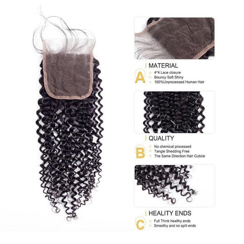 VSHOW HAIR Premium 9A Mongolian Human Virgin Hair Kinky Curly 3 Bundles with Pre Plucked Closure Deal Natural Black