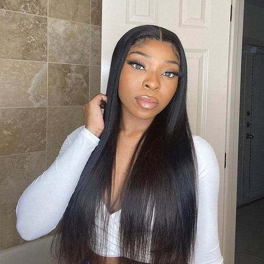 VSHOW Straight Hair Lace Part Wig Deep Middle Part 4 Inch Natural Black