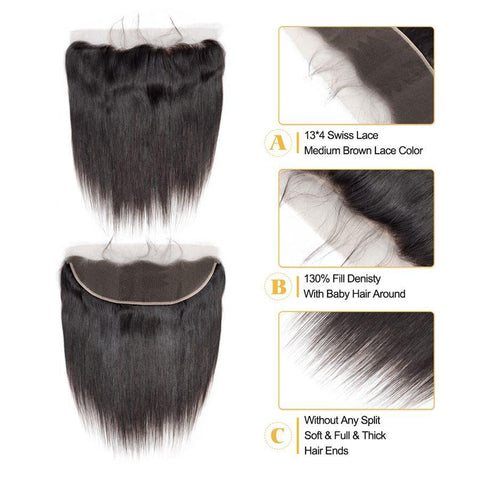 VSHOW HAIR Premium 9A Mongolian Human Virgin Hair Straight 3 Bundles with Pre Plucked 13x4 Frontal Natural Black