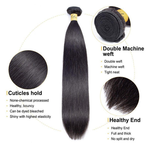 VSHOW HAIR Premium 9A Indian Human Virgin Hair Straight 3 Bundles with Pre Plucked Closure Deal Natural Black