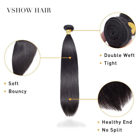 VSHOW HAIR Premium 9A Indian Virgin Human Hair Straight 3 or 4 Bundles with Closure Popular Sizes