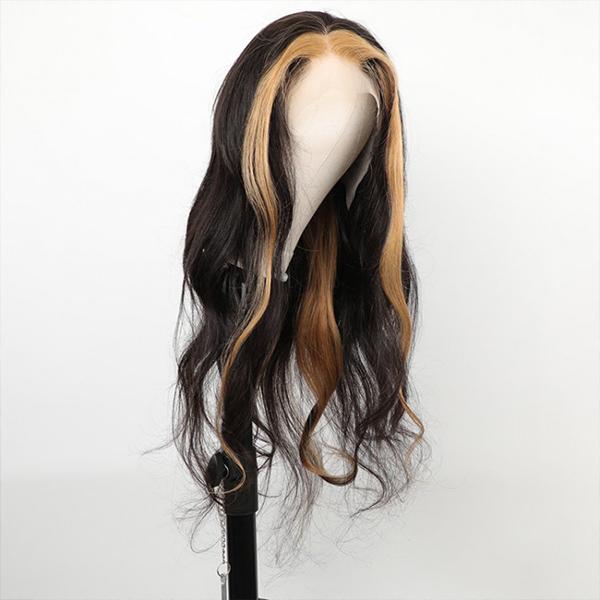 Side Part Straight Black Hair with Blonde Highlights Lace Front