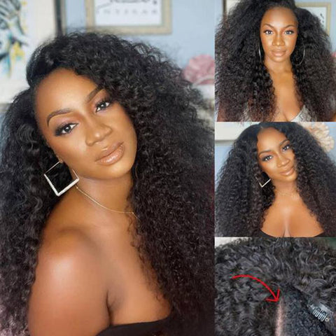VSHOW Glueless Wigs V Part Kinky Curly Wig No Leave Out Thin Part Human Hair Wig Beginner Friendly