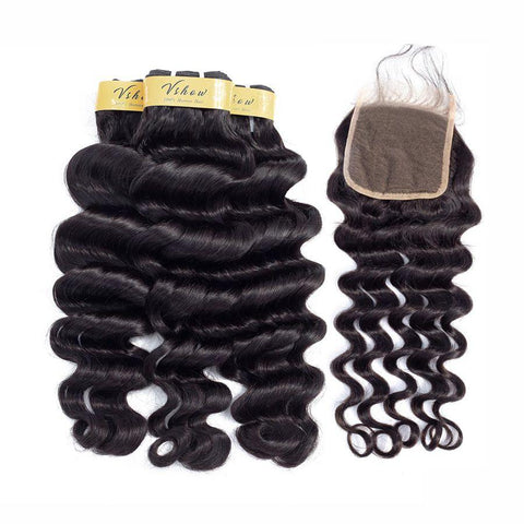 VSHOW HAIR Premium 9A Peruvian Human Virgin Hair Loose Deep Wave 3 Bundles with Pre Plucked Closure Deal Natural Black