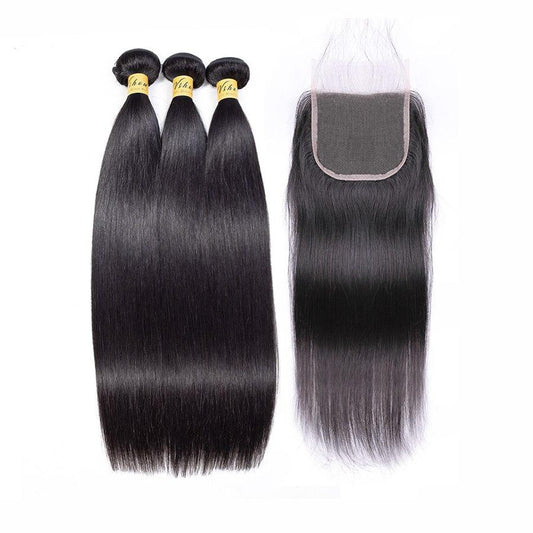 VSHOW HAIR Premium 9A Indian Human Virgin Hair Straight 3 Bundles with Pre Plucked Closure Deal Natural Black