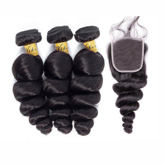 VSHOW HAIR Premium 9A Peruvian Human Virgin Hair Loose Wave 3 Bundles with Pre Plucked Closure Deal Natural Black