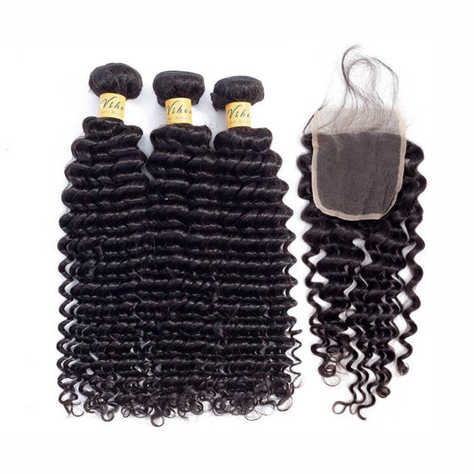 VSHOW HAIR Premium 9A Malaysian Human Virgin Hair Deep Wave 3 Bundles with Pre Plucked Closure Deal Natural Black