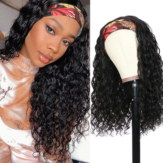 VSHOW HAIR 180% Density Water Wave Headband Wig Scarf Wig No Gel Glueless Curly Human Hair Wigs