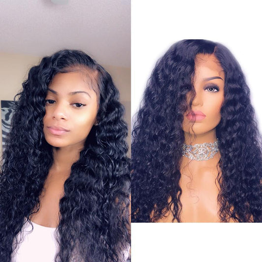 VSHOW Water Wave Human Hair 360 Lace Wigs Natural Black