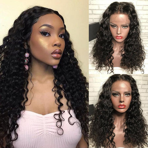VSHOW Water Wave Human Hair 360 Lace Wigs Natural Black
