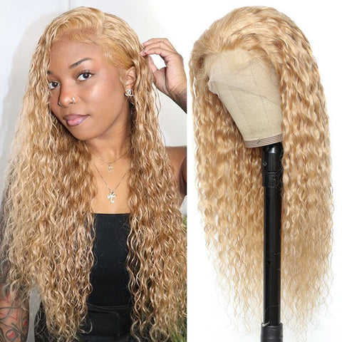 VSHOW Water Wave Human Hair Wigs Honey Blonde #27 Color Hair Transparent lace Wigs