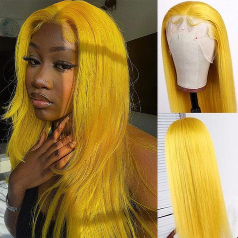VSHOW Neon Yellow Hair Straight Human Hair Lace Front Wigs Near Me Golden orange Hair Color