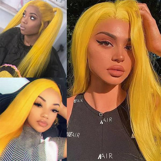 VSHOW Neon Yellow Hair Straight Human Hair Lace Front Wigs Near Me Golden orange Hair Color