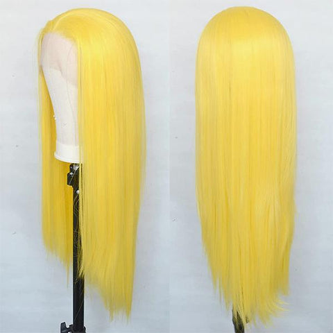 Neon Yellow Hair Straight Human Hair Lace Front Wigs Golden Blonde